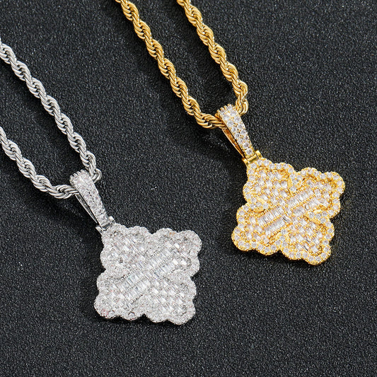 Hip Hop Light Luxury Four Leaf Clover Cross Copper Necklace for Men and Women