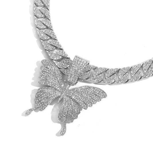 Hip Hop Punk Butterfly Cuban Link Alloy Pendant Necklace for Men and Women