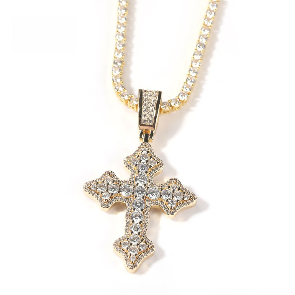Iced Cross Pendant Necklace with Cubic Zirconia Stainless Steel Cuban Chain for Women & Men