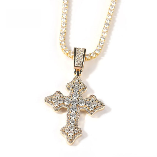 Iced Cross Pendant Necklace with Cubic Zirconia Stainless Steel Cuban Chain for Women & Men