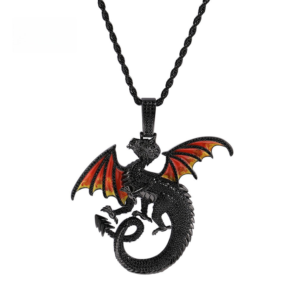 Black Dragon Pendant Necklace with Cubic Zirconia on Twisted Chain - Statement Fantasy Jewelry for Women