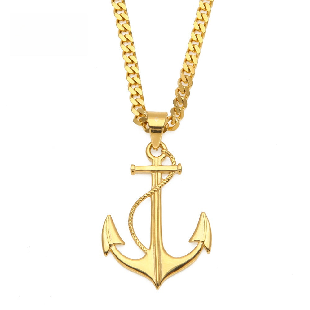Unisex Gold Plated Stainless Steel Anchor Pendant Necklace with 5mm Cuban Chain product image