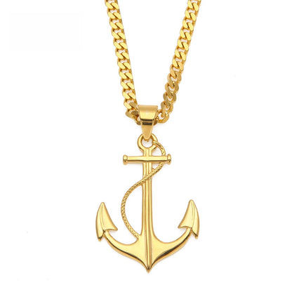 Unisex Gold Plated Stainless Steel Anchor Pendant Necklace with 5mm Cuban Chain