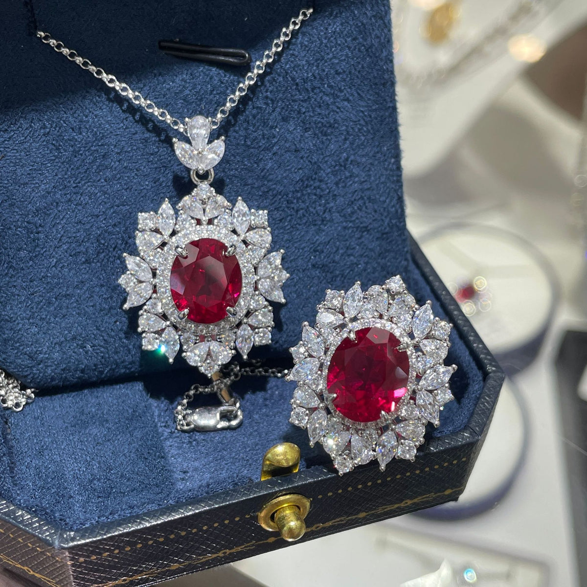 Lab-Grown Ruby Floral Halo Pendant Necklace product image