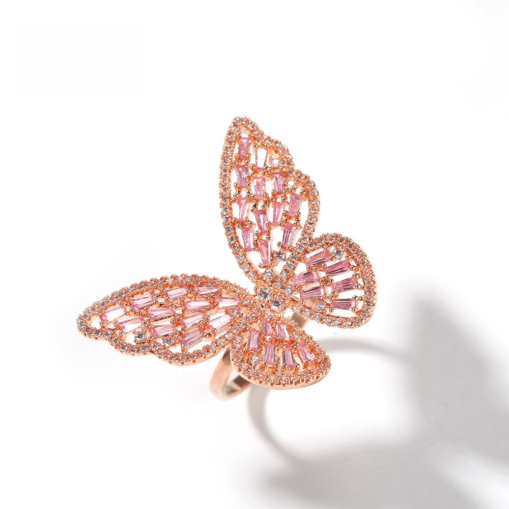 Adjustable Butterfly Ring with Pink Cubic Zirconia in Rose Gold Tone for Women and Men