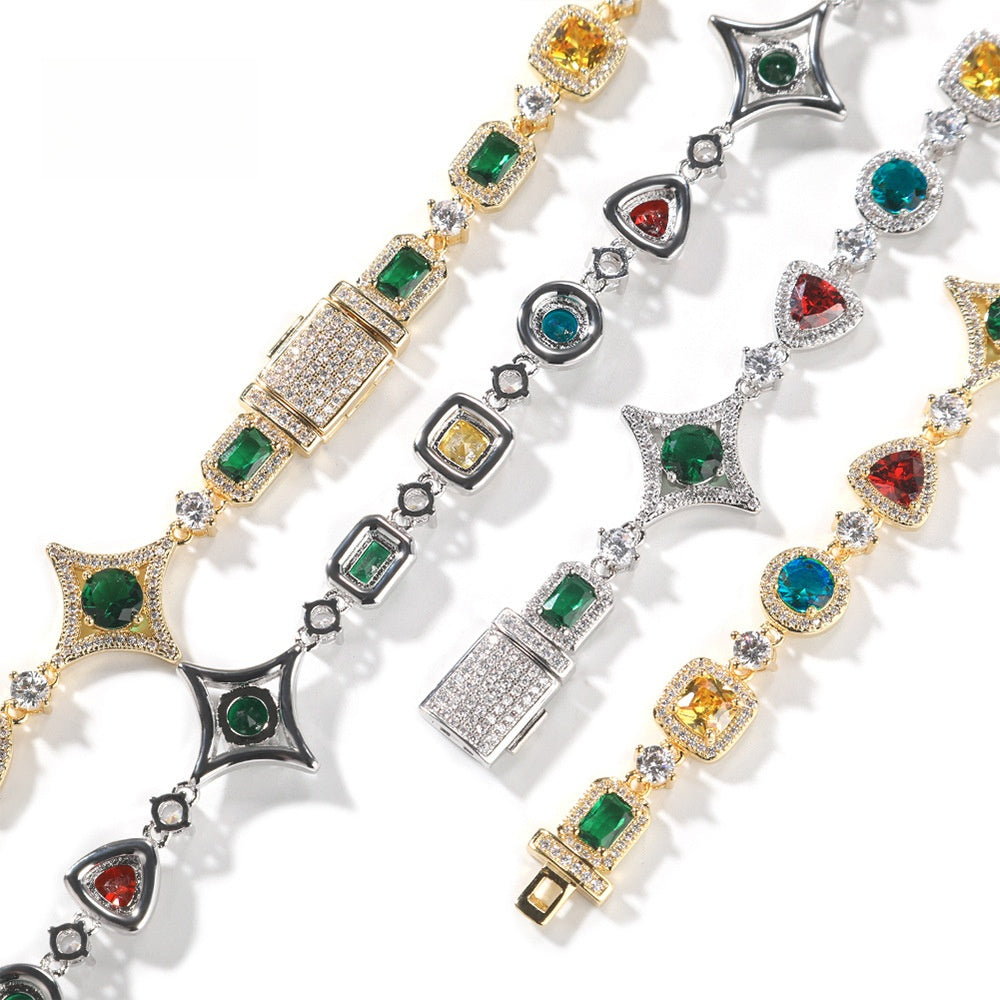 Geometric Color Crystal Necklace Bracelet for Women - Gold Plated & Silver Plated Square Pendant Chain Jewelry