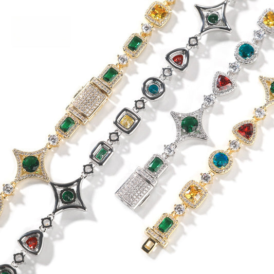 Geometric Color Crystal Necklace Bracelet for Women - Gold Plated & Silver Plated Square Pendant Chain Jewelry