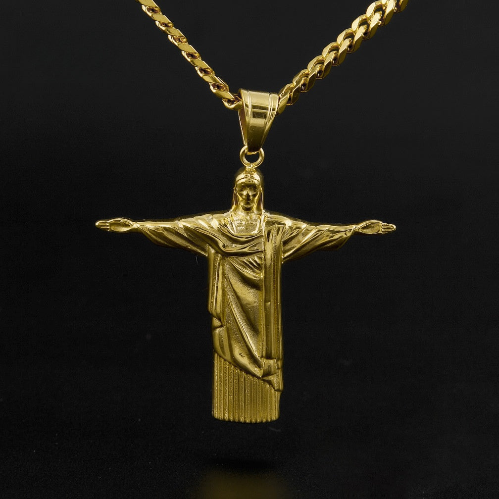 Gold Plated Stainless Steel Statue Pendant Necklace with 5mm Cuban Chain for Men
