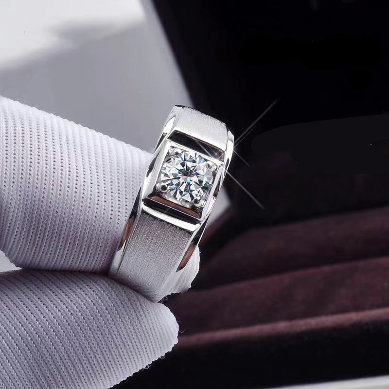 Men’s 1 Carat VVS1 Moissanite Ring in PT950 Platinum Tone, Textured Band Square Set Wedding Ring product image