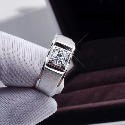 Men’s 1 Carat VVS1 Moissanite Ring in PT950 Platinum Tone, Textured Band Square Set Wedding Ring
