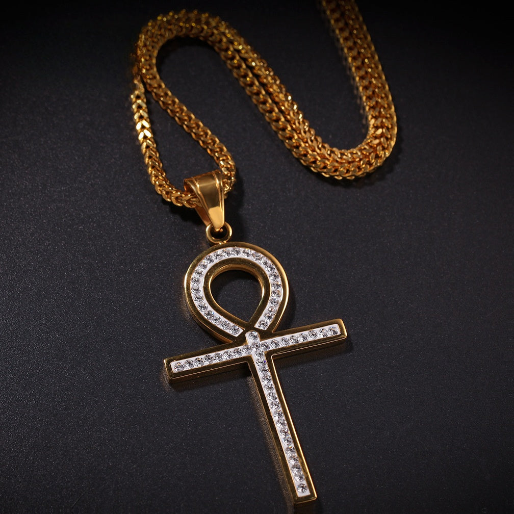 Minimalist Gold Plated Stainless Steel Ankh Pendant Necklace with Cubic Zirconia Chain for Women & Men