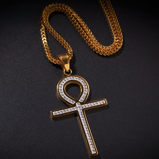 Minimalist Gold Plated Stainless Steel Ankh Pendant Necklace with Cubic Zirconia Chain for Women & Men