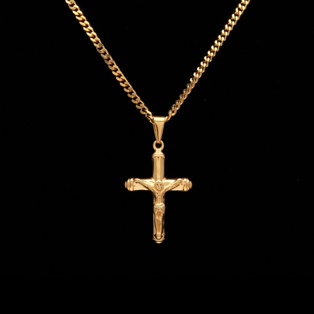 Gold Plated Stainless Steel Cross Pendant Necklace for Men with 3mm Cuban Chain product image