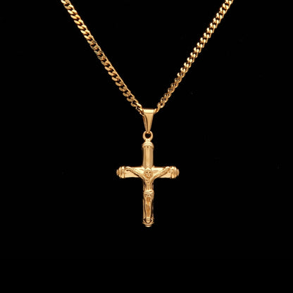 Gold Plated Stainless Steel Cross Pendant Necklace for Men with 3mm Cuban Chain