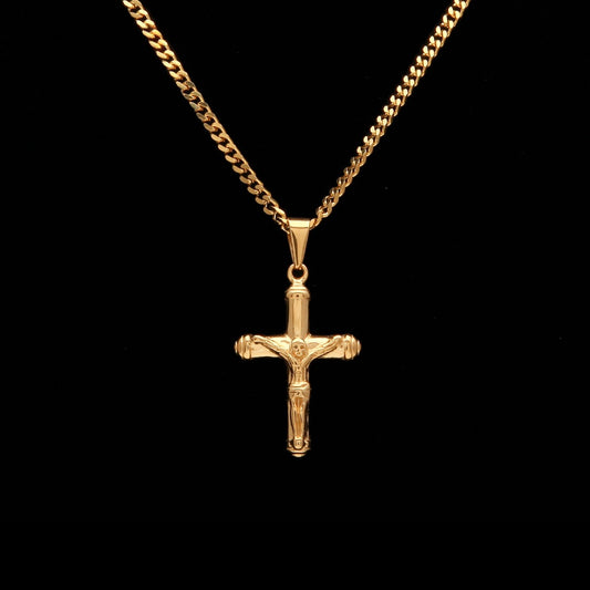 Gold Plated Stainless Steel Cross Pendant Necklace for Men with 3mm Cuban Chain