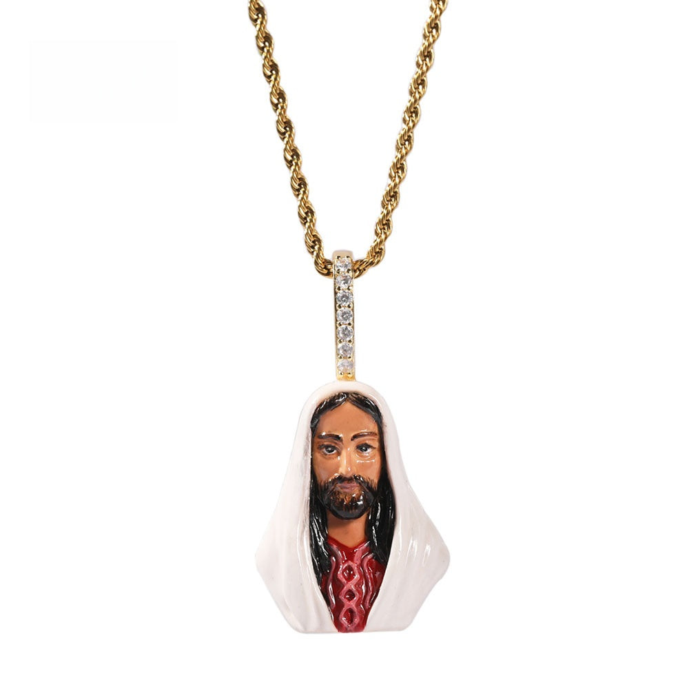 Men’s Hip Hop Enamel Jesus Pendant Necklace with Twisted Stainless Steel Chain, Gold Tone & White