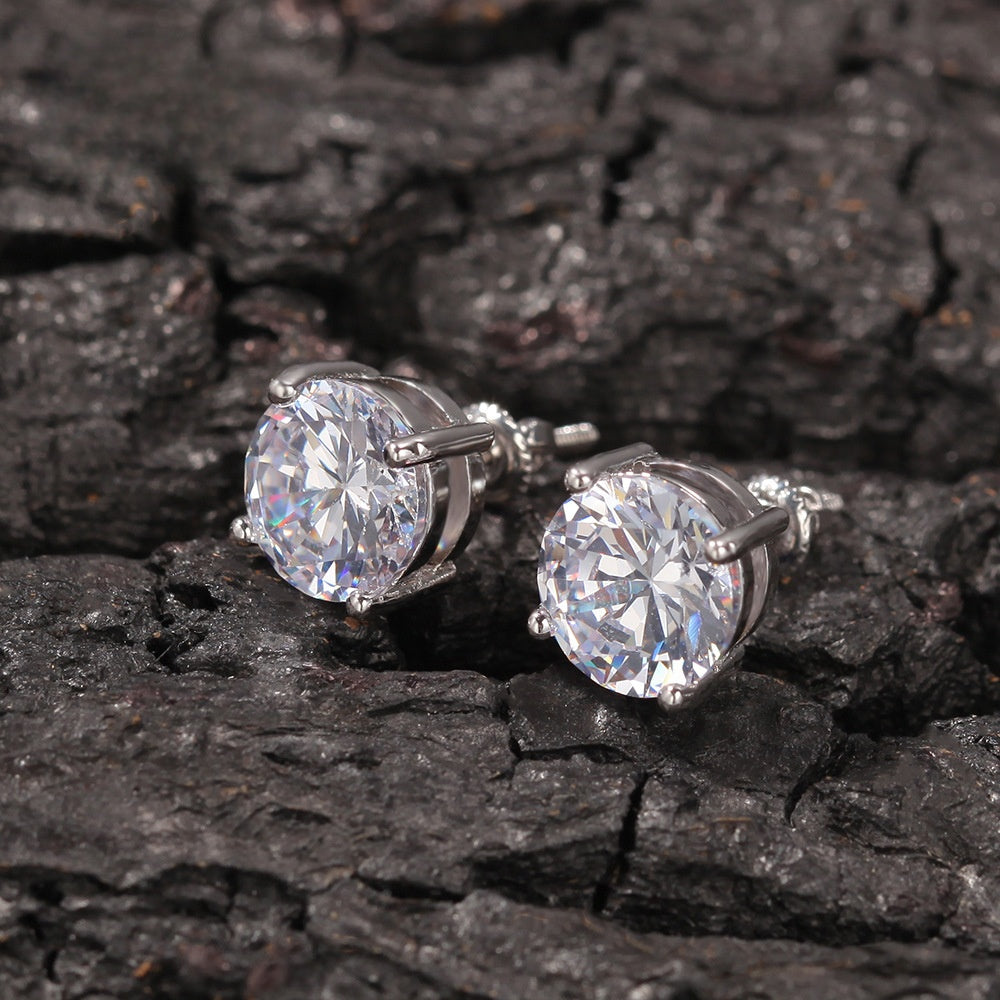 Unisex Round Cubic Zirconia Stud Earrings with 925 Sterling Silver Posts, Gold Plated or Silver Plated, 6mm & 8mm