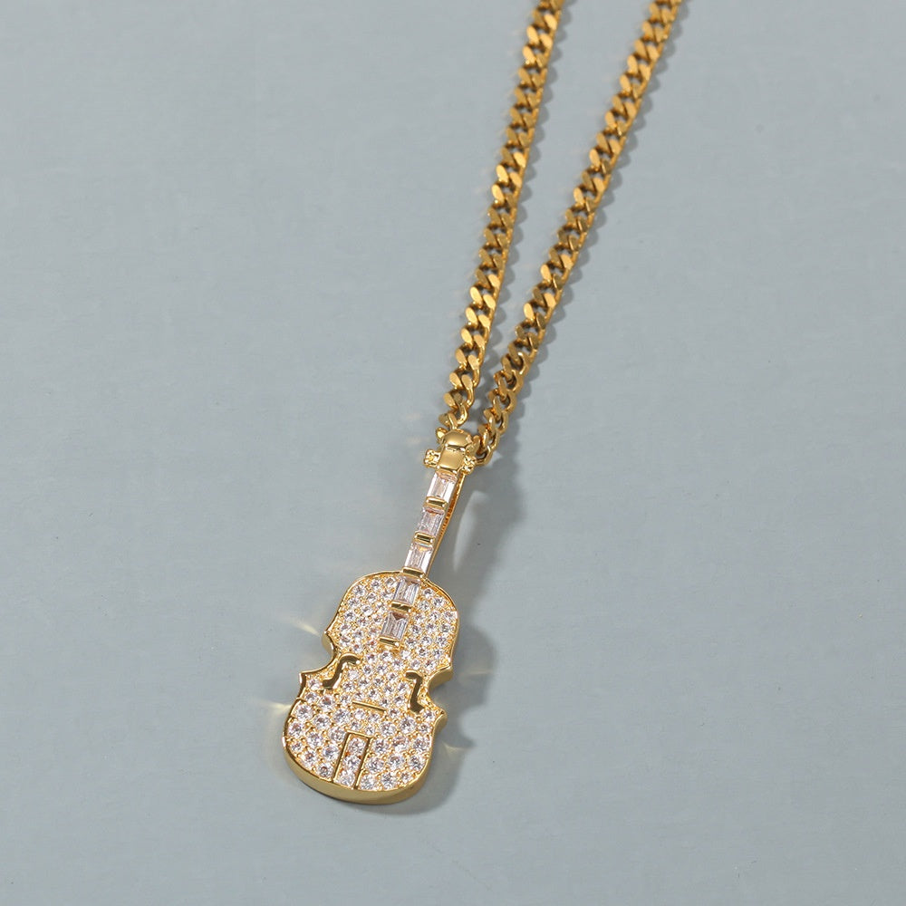 Iced Violin Pendant Necklace with Cuban Chain for Women & Men, Gold Plated or Silver Plated Cubic Zirconia Statement Chain product image
