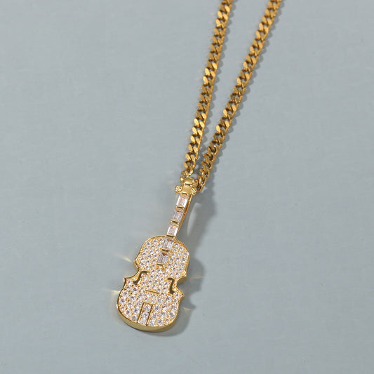 Iced Violin Pendant Necklace with Cuban Chain for Women & Men, Gold Plated or Silver Plated Cubic Zirconia Statement Chain