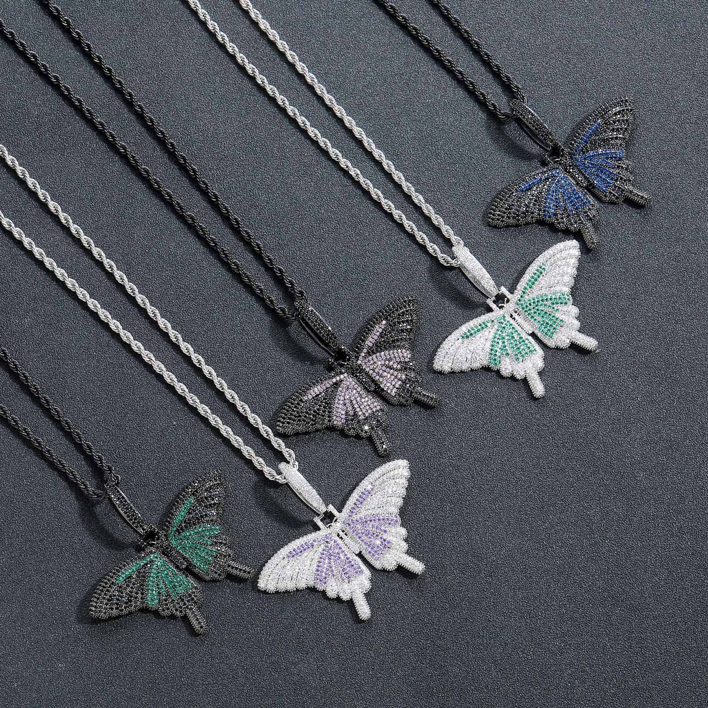 Hip Hop Light Luxury Butterfly Cubic Zirconia Pendant Necklace for Men and Women