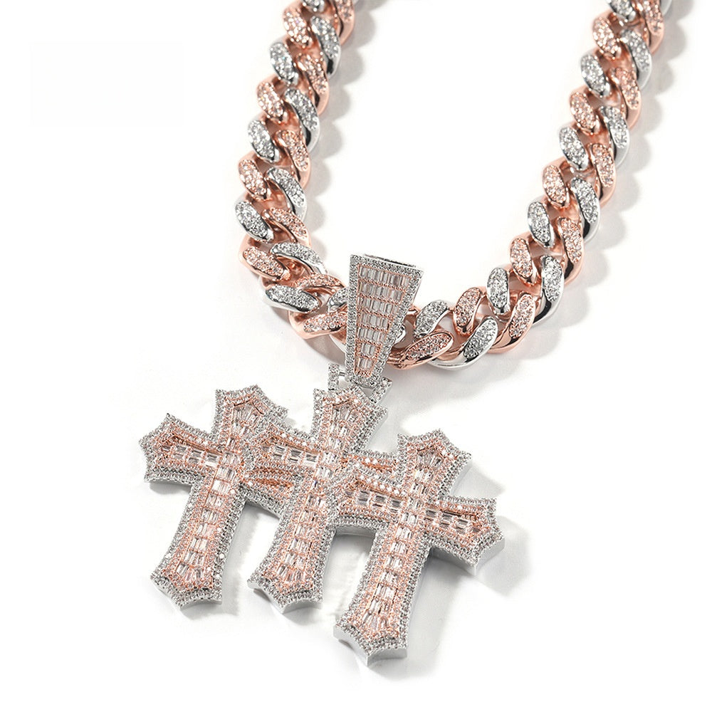Iced Triple Cross Pendant Necklace with 12mm Cuban Chain for Women and Men - Gold, Silver, or Two Tone Cubic Zirconia Statement Chain