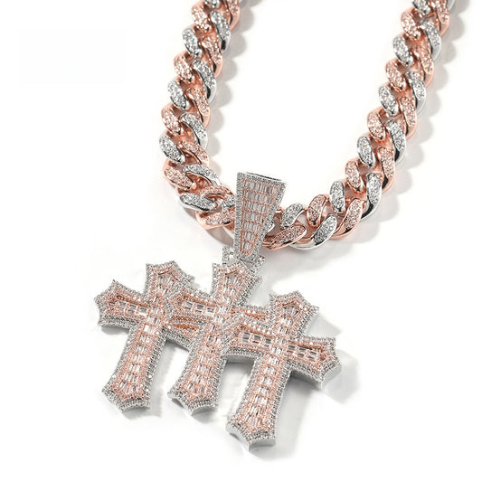 Iced Triple Cross Pendant Necklace with 12mm Cuban Chain for Women and Men - Gold, Silver, or Two Tone Cubic Zirconia Statement Chain