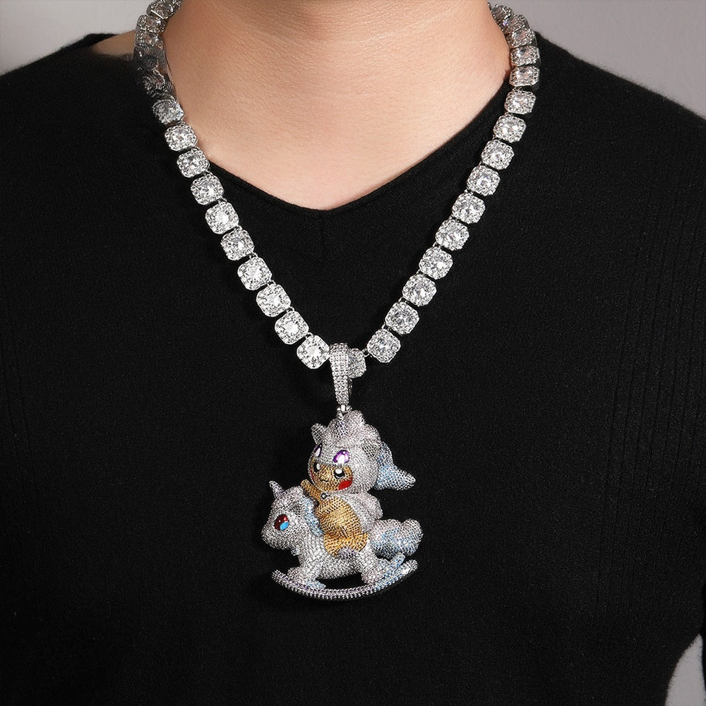 Iced Cartoon Rocking Horse Pendant Necklace with Cubic Zirconia Hip Hop Chain for Women & Men