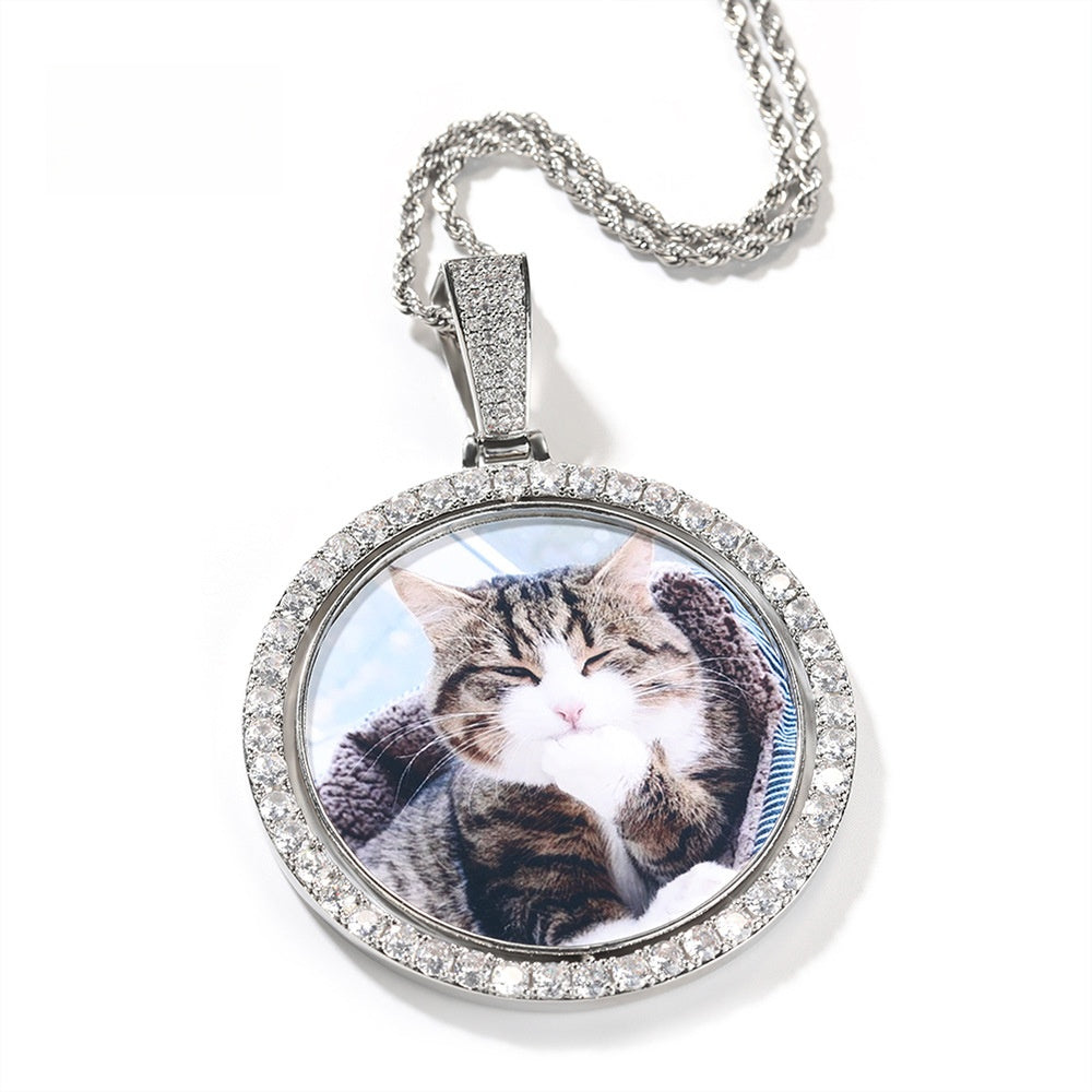 Custom Double-Sided Rotating Photo Pendant Necklace with Cubic Zirconia Round Charm Chain for Women