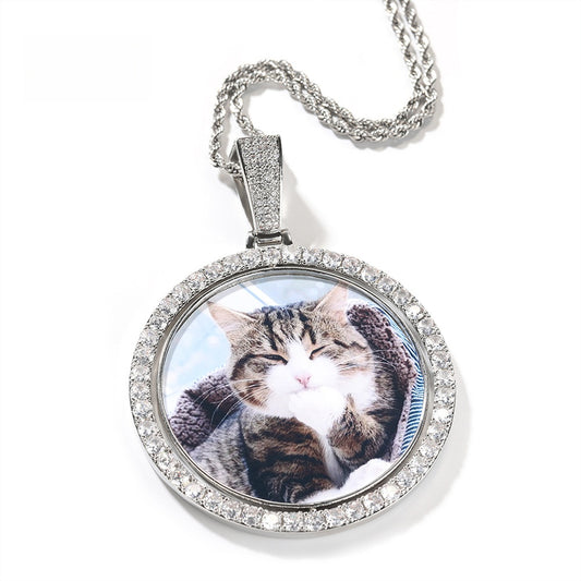 Custom Double-Sided Rotating Photo Pendant Necklace with Cubic Zirconia Round Charm Chain for Women