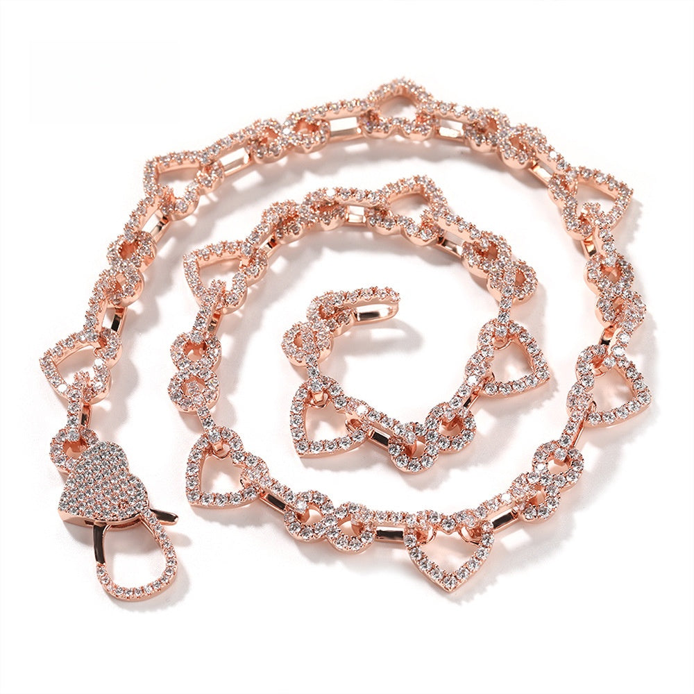 Heart Link Cubic Zirconia Chain Necklace Bracelet for Women & Men, Gold or Silver Color Statement Jewelry