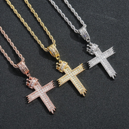 Hip Hop Vintage Cross Crown Copper Pendant Necklace for Men and Women
