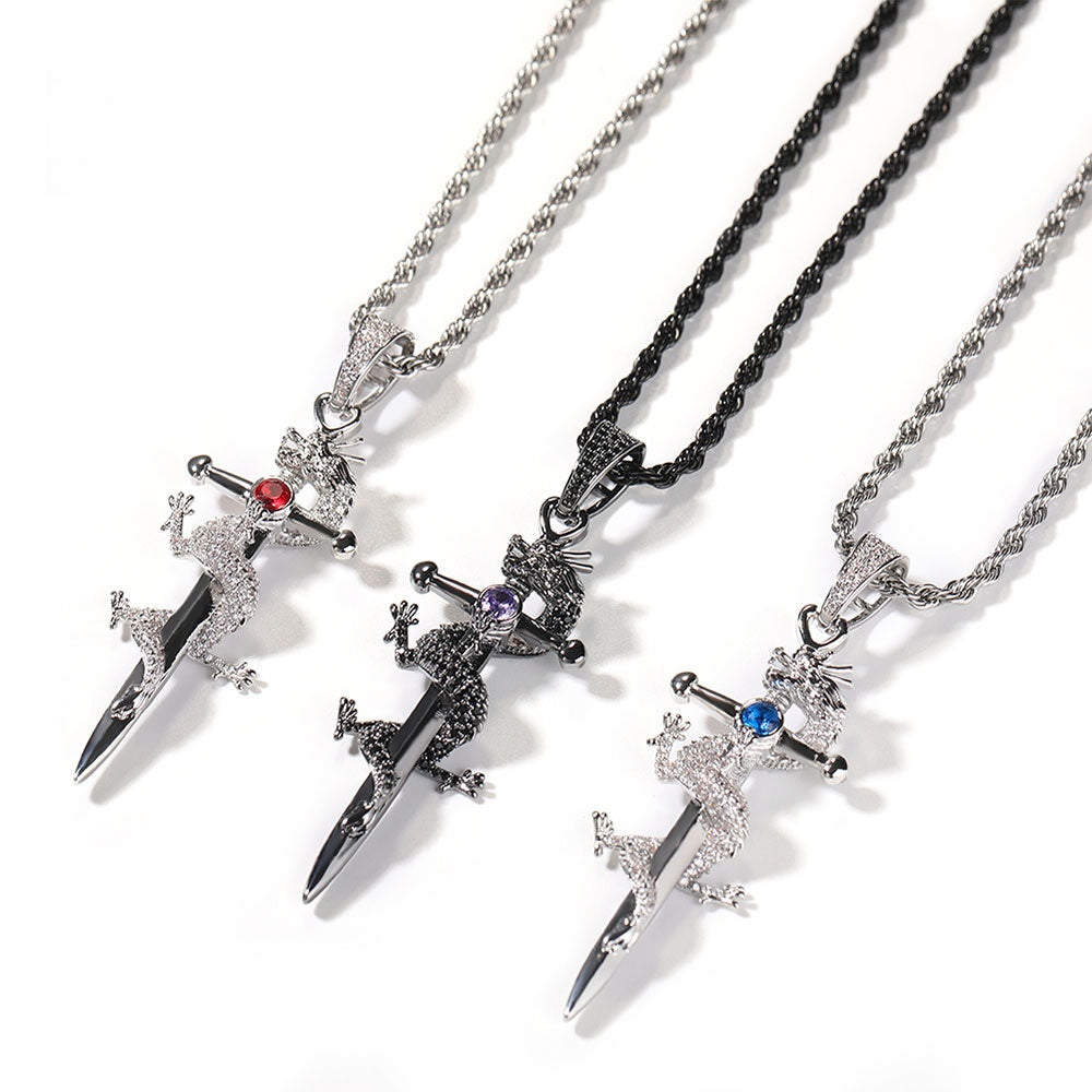 Iced Lizard Cross Pendant Necklace with Cubic Zirconia Twisted Chain - Silver, Blue, Red & Black Statement Necklace