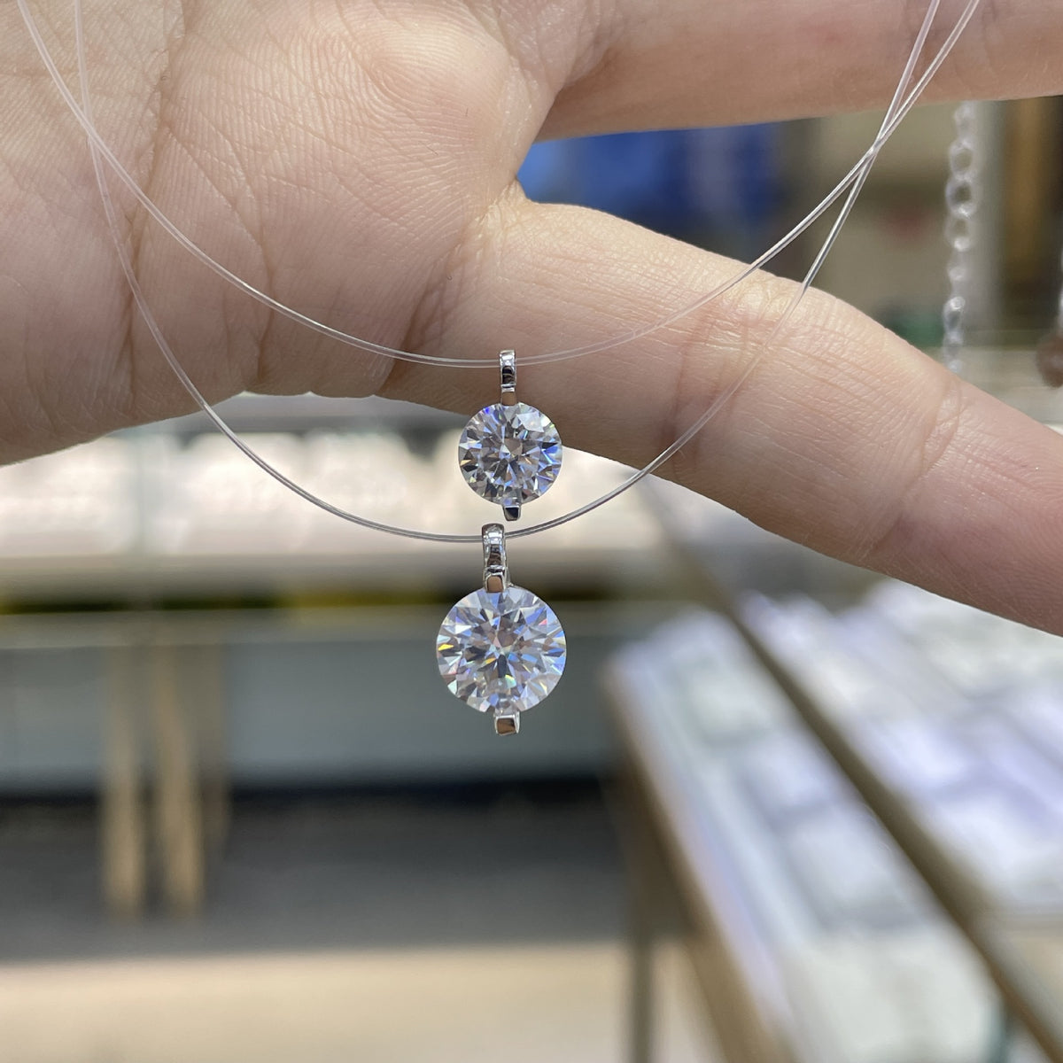Invisible Line Double Round Pendant Necklace, Clear Sparkle, S925 Silver product image