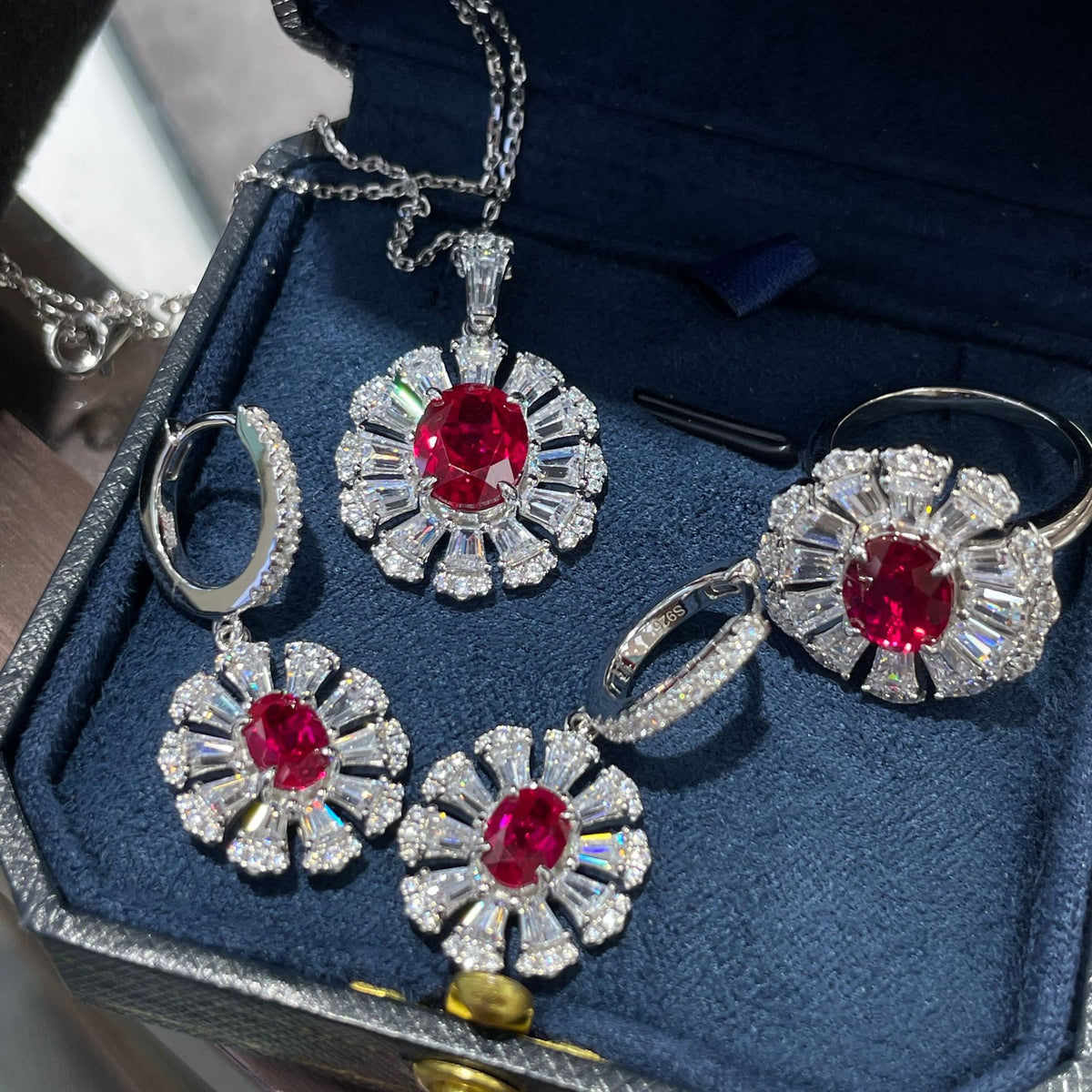 Ruby Red Crystal Flower Jewelry Set for Women, Necklace Earrings Ring product image