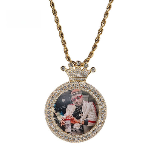 Custom Crown Round Photo Pendant Necklace with Cubic Zirconia Twisted Chain for Women