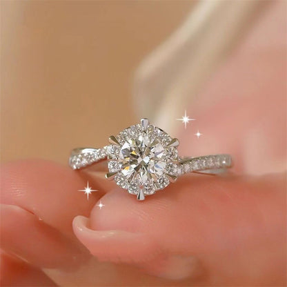 Moissanite Halo Ring for Women, Round Engagement Ring with Pave Band, Promise Ring Sizes 9-19