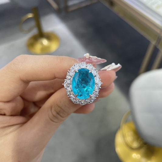 Lake Blue Oval Halo Ring for Women, 12-16mm Center Stone, S925 Silver Gold-Plated Ring product image