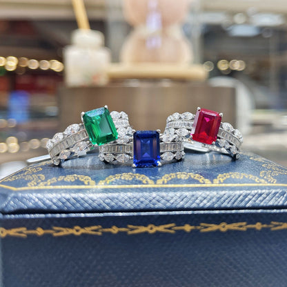 18K Gold Plated Colored Stone Ring for Women, S925 Silver Halo Ring with Rectangular Lab-Grown Center Stone