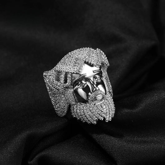 Men’s Iced Cubic Zirconia Portrait Ring – Hip Hop Statement Ring in Silver or Gold Tone