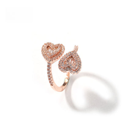 Unisex Double Heart Open Ring with Cubic Zirconia in Gold, Silver & Rose Gold