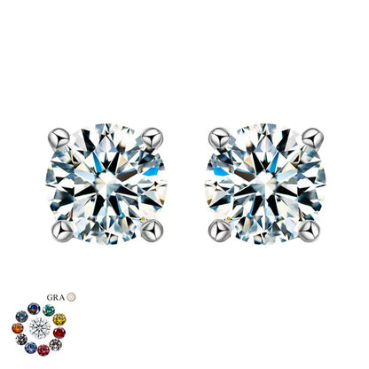 S925 Moissanite Stud Earrings, Classic Four-Prong Round Earrings for Women, Colored and White Stone Options