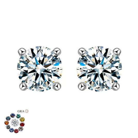 S925 Moissanite Stud Earrings, Classic Four-Prong Round Earrings for Women, Colored and White Stone Options