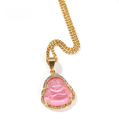 Luxury Gold Plated Stainless Steel Buddha Pendant Necklace with Crystal Accent Chain for Women