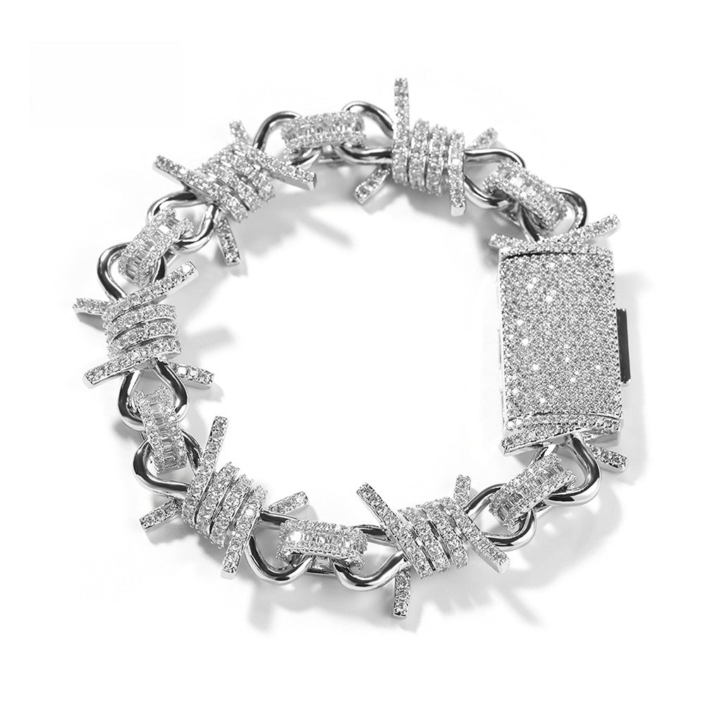 Iced Barbed Wire Chain Necklace Bracelet for Men - Silver or Gold Plated Statement Cubic Zirconia Hip Hop Jewelry
