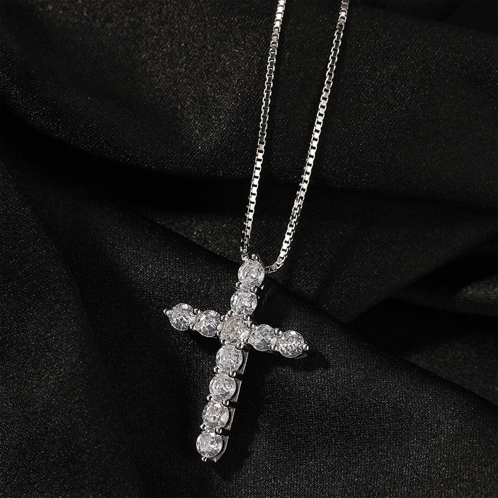 Sterling Silver Cross Pendant Necklace with Cubic Zirconia on Box Chain