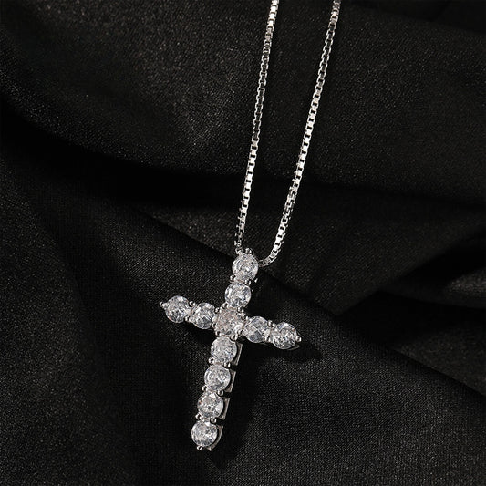 Sterling Silver Cross Pendant Necklace with Cubic Zirconia on Box Chain