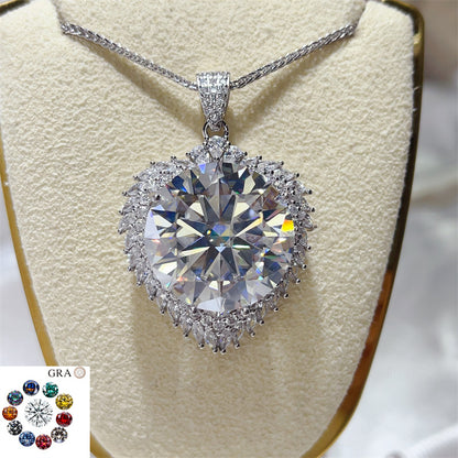 20 Carat Round Moissanite Halo Pendant Necklace, Large Color Stone Statement Necklace