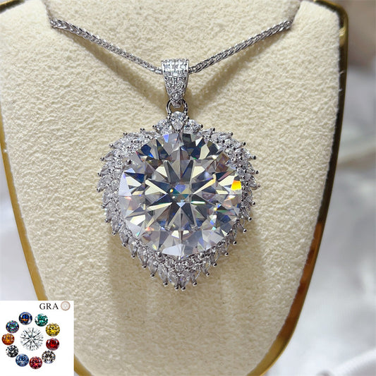 20 Carat Round Moissanite Halo Pendant Necklace, Large Color Stone Statement Necklace