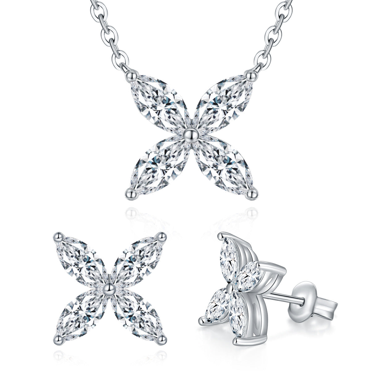 Four-Leaf Clover Moissanite Necklace & Stud Earrings Set, 18K Gold Plated product image