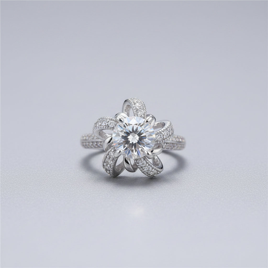 Floral Moissanite Ring for Women, Halo Engagement Ring Style, Lotus Flower Statement Ring product image